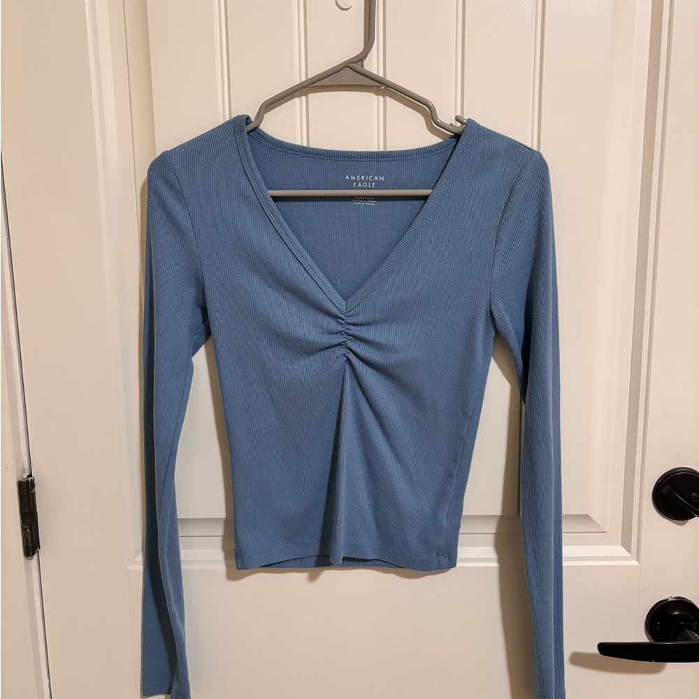 American Eagle Outfitters Gray Fitted Ruched Blouse